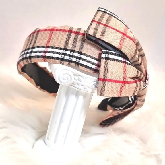 PLAID SIDE BOW HEADBAND Khaki black white red fabric - Picture 2 of 6